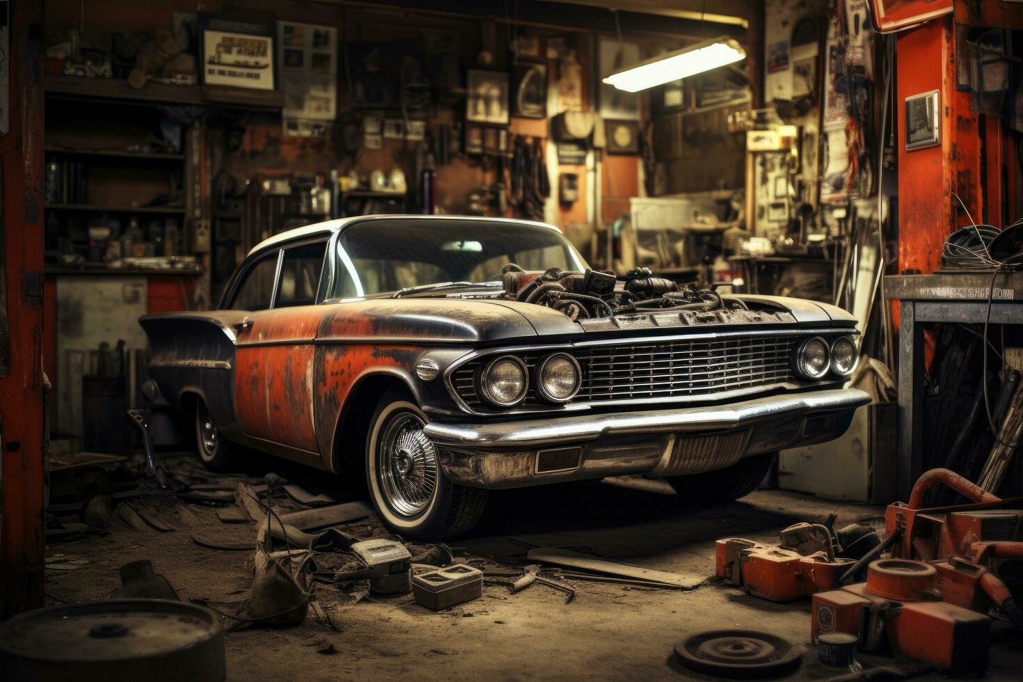 AI generated Abandoned old car in the garage. Auto repair concept, car in auto repair shop, AI Generated photo