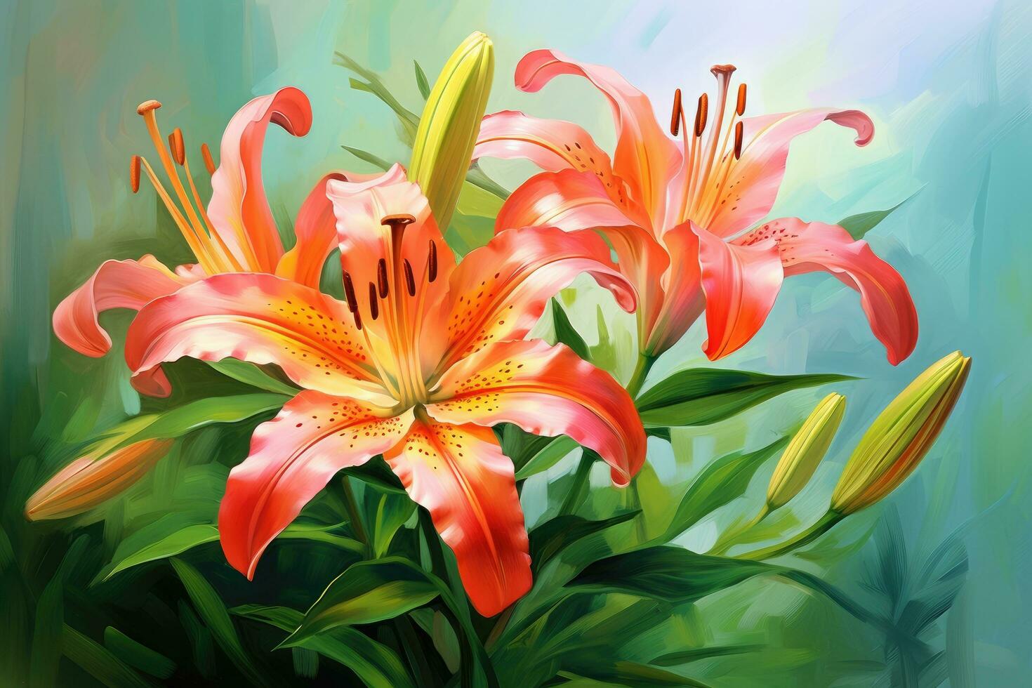 AI generated Beautiful lily flowers on a green background. Vector illustration, Beautiful botanic lily flower oil paint illustration, AI Generated photo