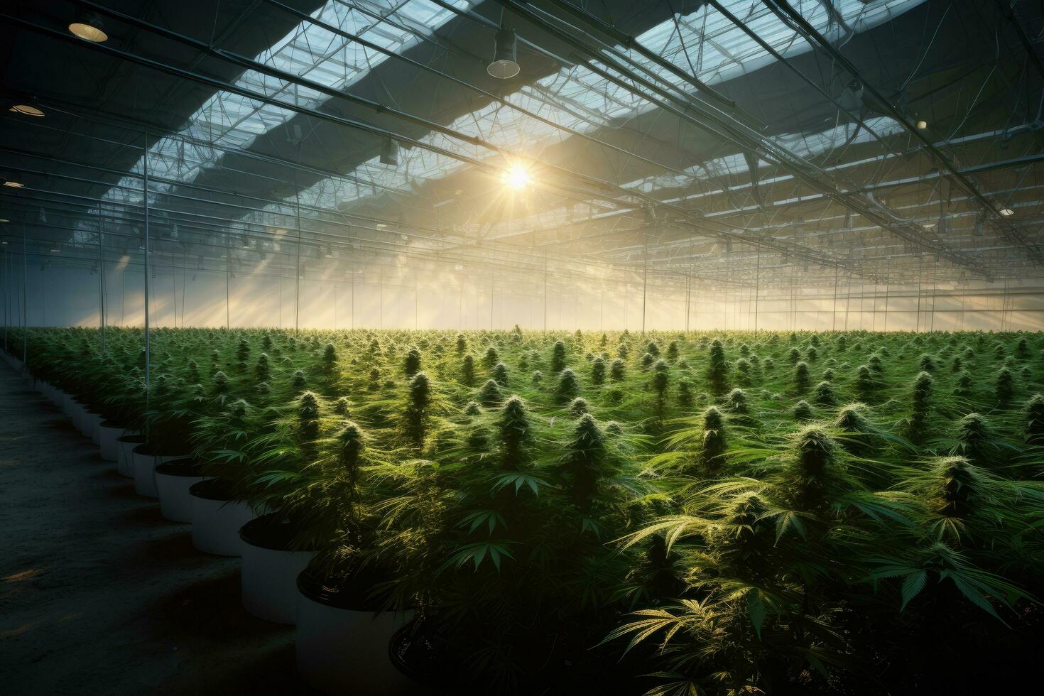 AI generated Cannabis plant in a greenhouse. Conceptual image of cannabis cultivation, Professional long and wide indoor hemp plantation in a modern industrial large hall, AI Generated photo