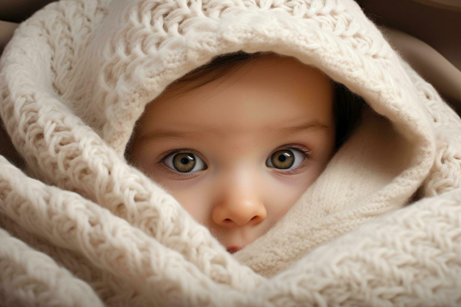 AI generated Cute little baby girl hiding under warm knitted blanket, closeup, beautiful baby looking out from under blanket, AI Generated photo
