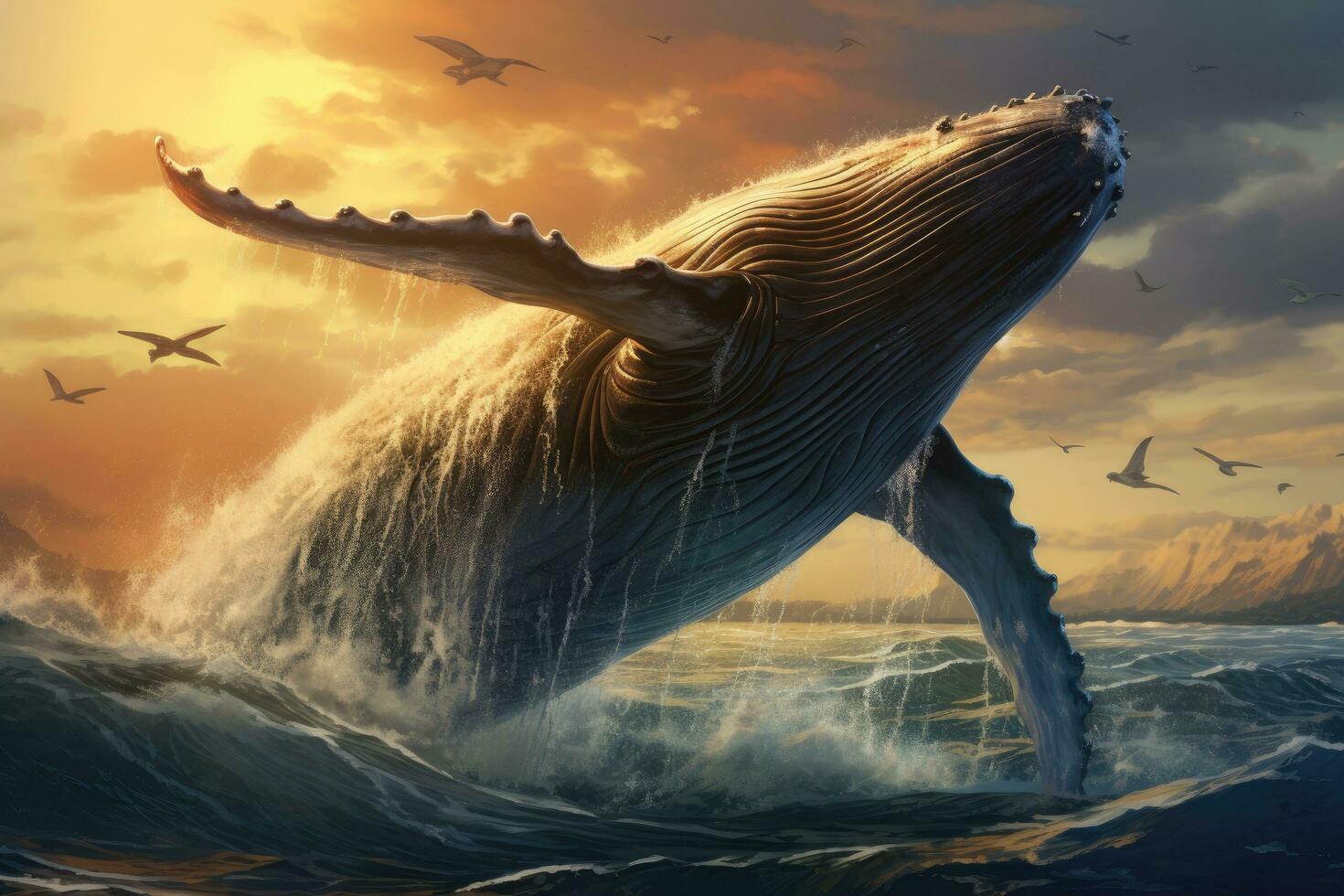 AI generated Humpback whale jumping out of the ocean. 3D illustration, Humpback whale around Cabo San Lucas, AI Generated photo