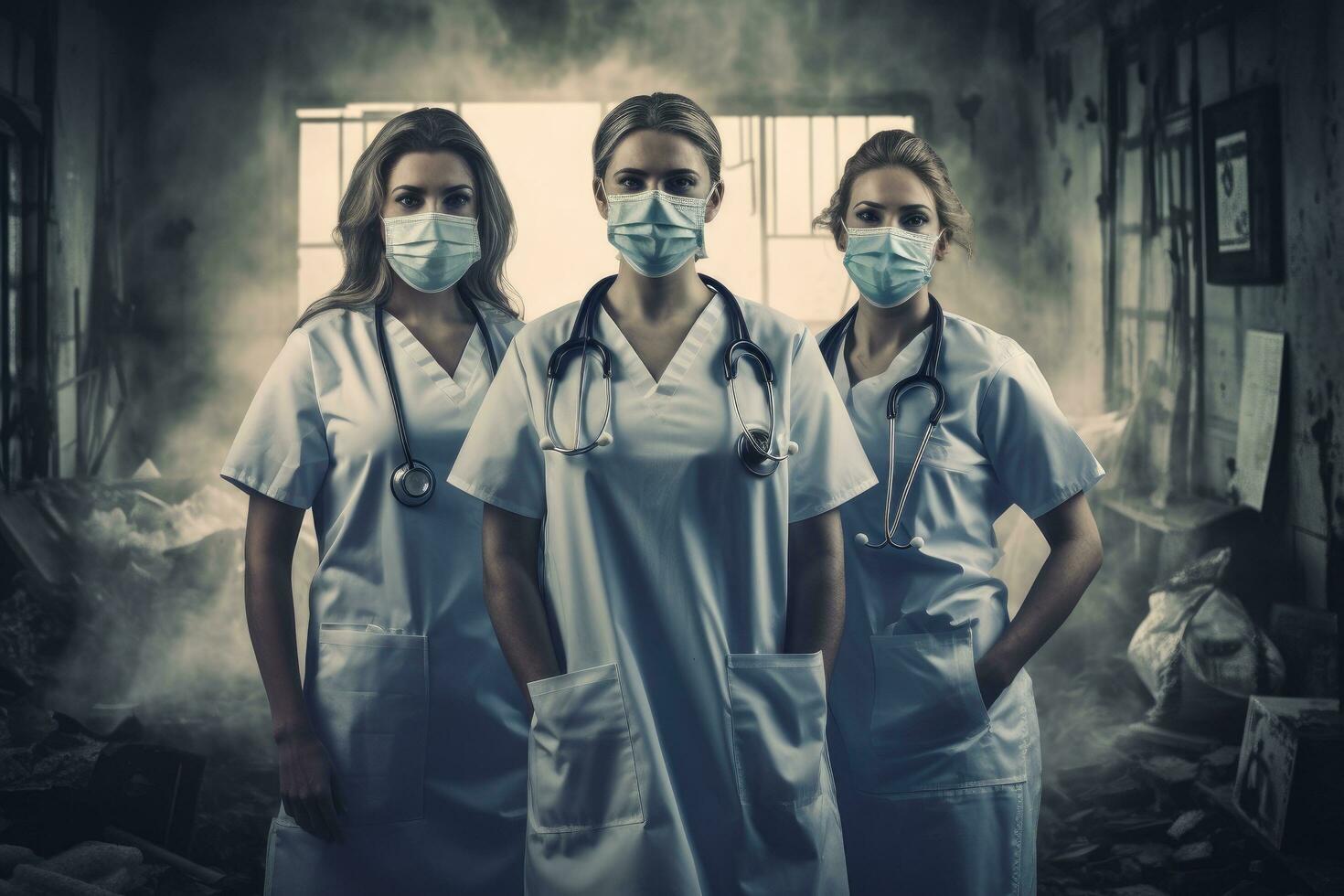 AI generated Portrait of three female doctors standing with arms crossed in abandoned hospital, Doctor team with a medical stethoscope, AI Generated photo