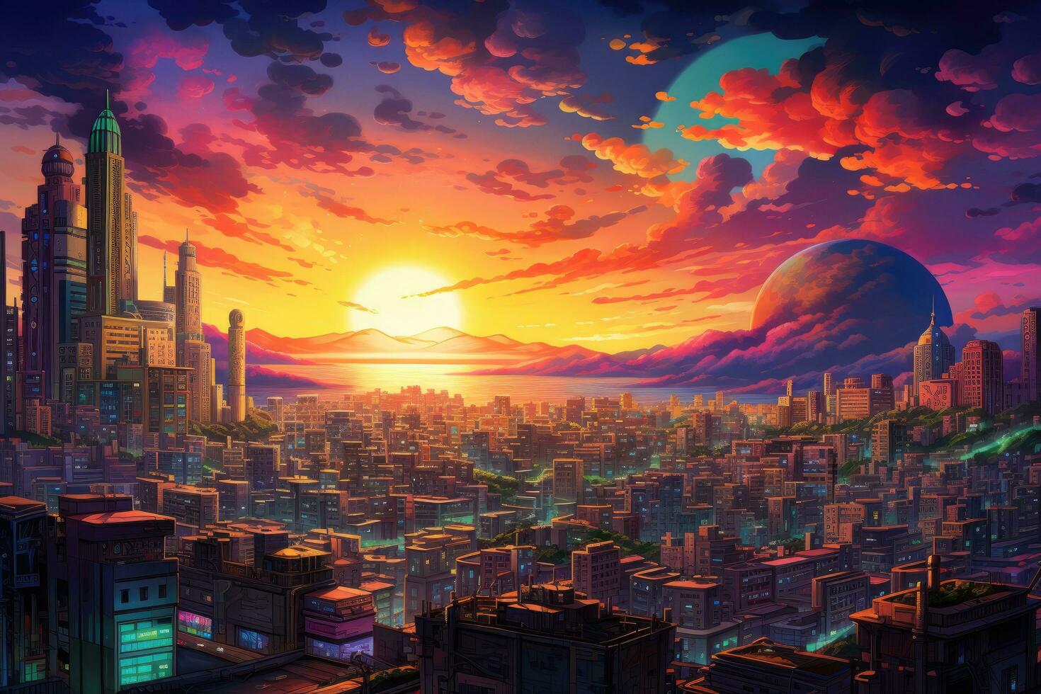 AI generated Fantasy city at sunset. 3D illustration. Elements of this image furnished by NASA, A cityscape during sunset with all buildings appearing colorful and bright, AI Generated photo