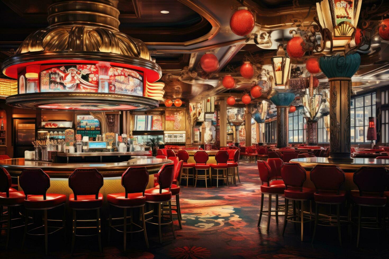 AI generated Interior of a casino with tables and chairs. 3d rendering, Classic vintage American Las Vegas casino interior, AI Generated photo