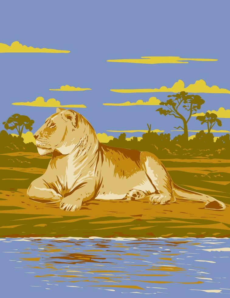 Lioness in Hwange National Park Zimbabwe Africa Art Deco WPA Poster Art vector