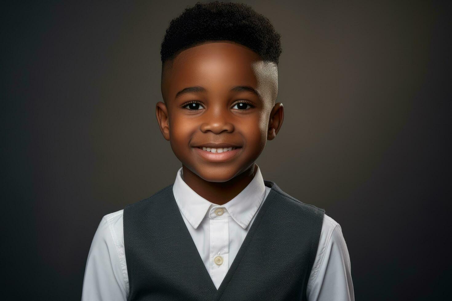 ai generado chico afro acerca de 8 años antiguo sonriente, profesional estudio fotografía, ai generado foto