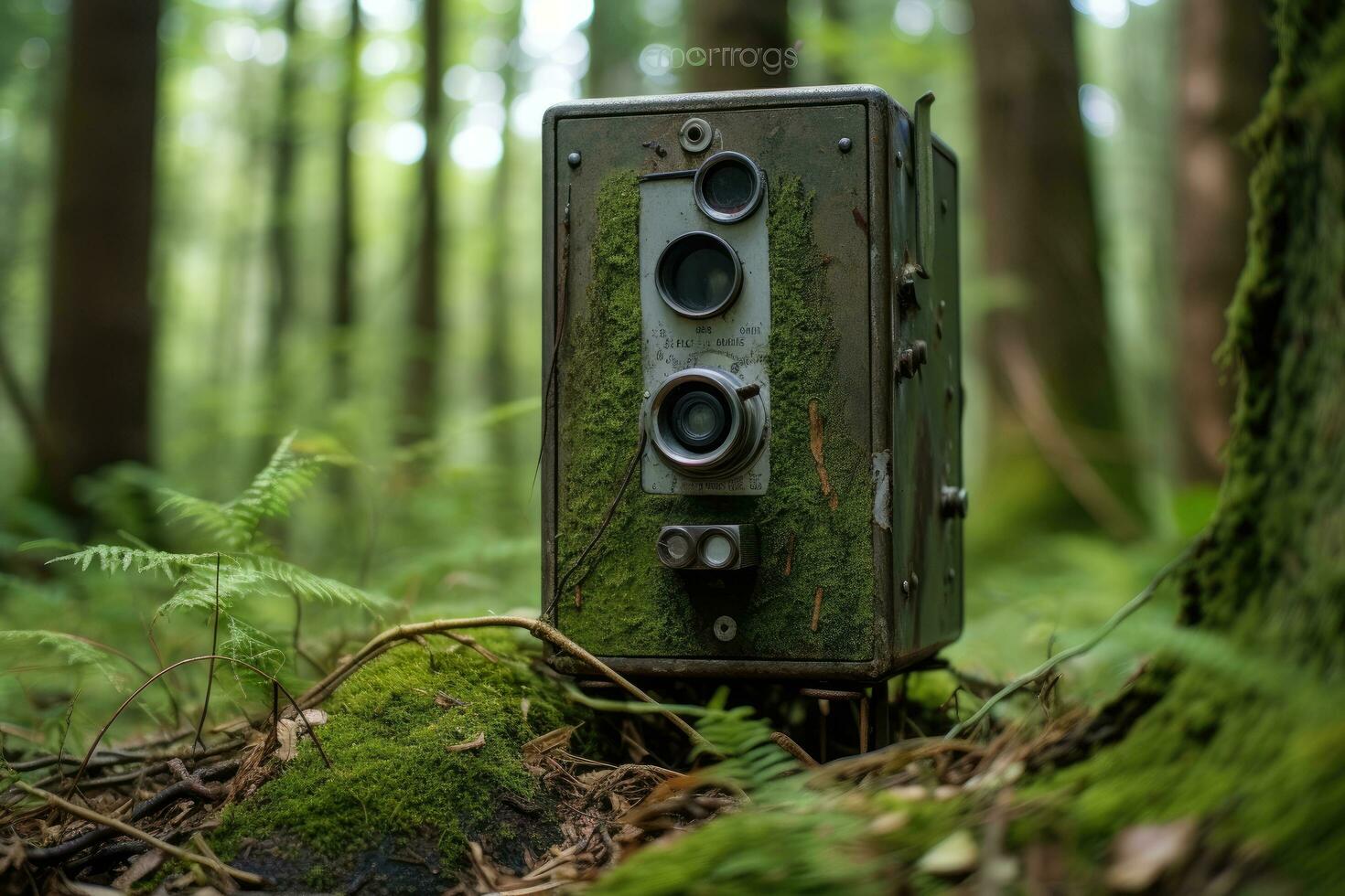 AI generated Old camera in the forest with moss and fern on the ground, Camera trap or spy photo camera in the forest, AI Generated