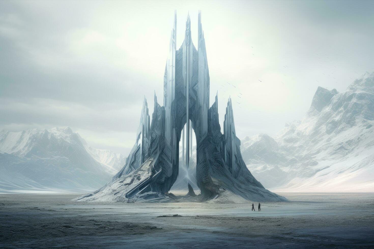 AI generated Alien Planet - 3D Rendered Computer Artwork. Fantasy Landscape, An otherworldly, towering crystalline structure on a barren alien planet, AI Generated photo