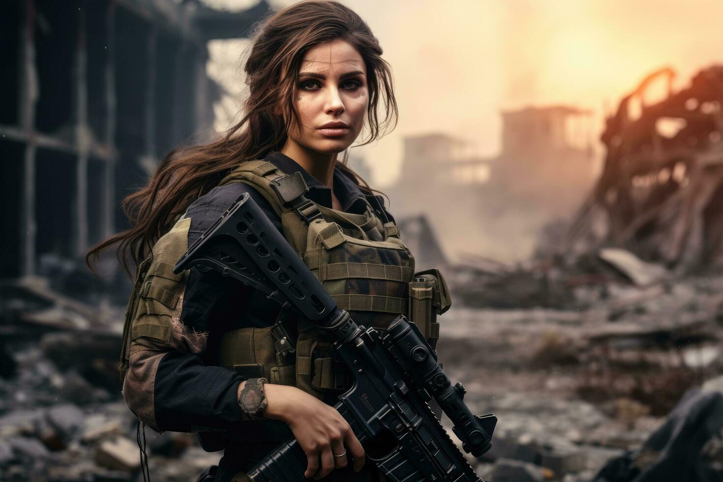 AI generated Portrait of a beautiful young woman soldier with assault rifle in ruins, AI Generated photo