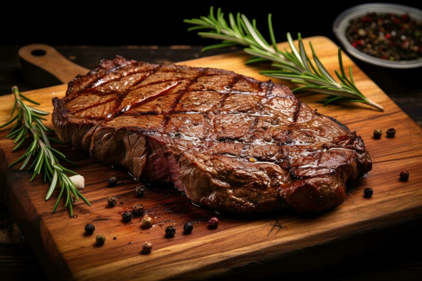 AI generated Grilled beef steak with rosemary and spices on wooden cutting board, Grilled meat barbecue steak on a wooden cutting board with rosemary, AI Generated photo