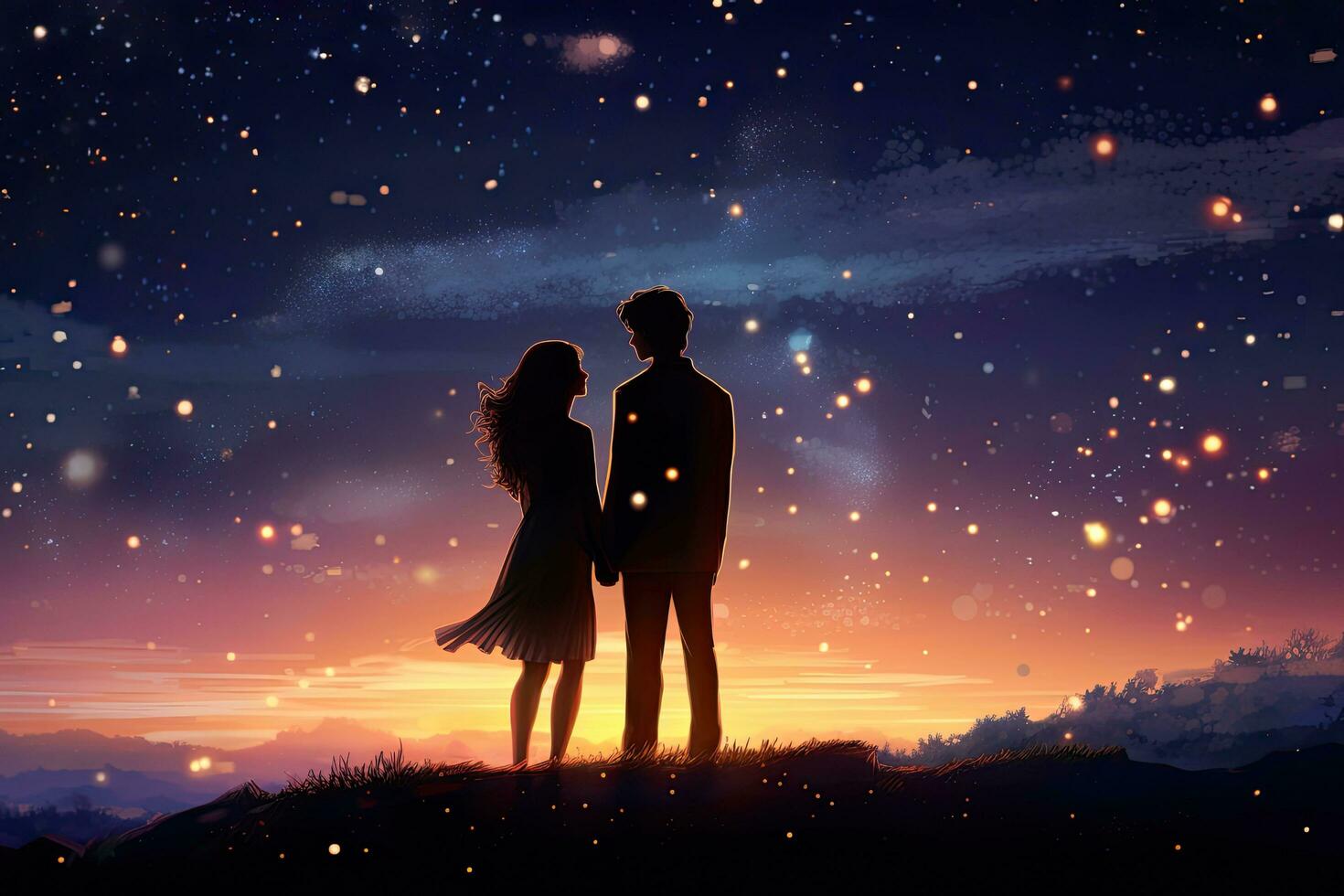 AI generated Silhouette of a loving couple against the background of the night sky, AI Generated photo