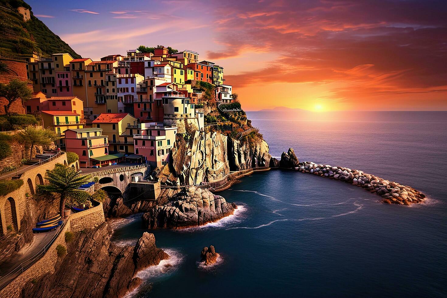 AI generated Colorful sunset over the village of Manarola, Cinque Terre, Italy, AI Generated photo