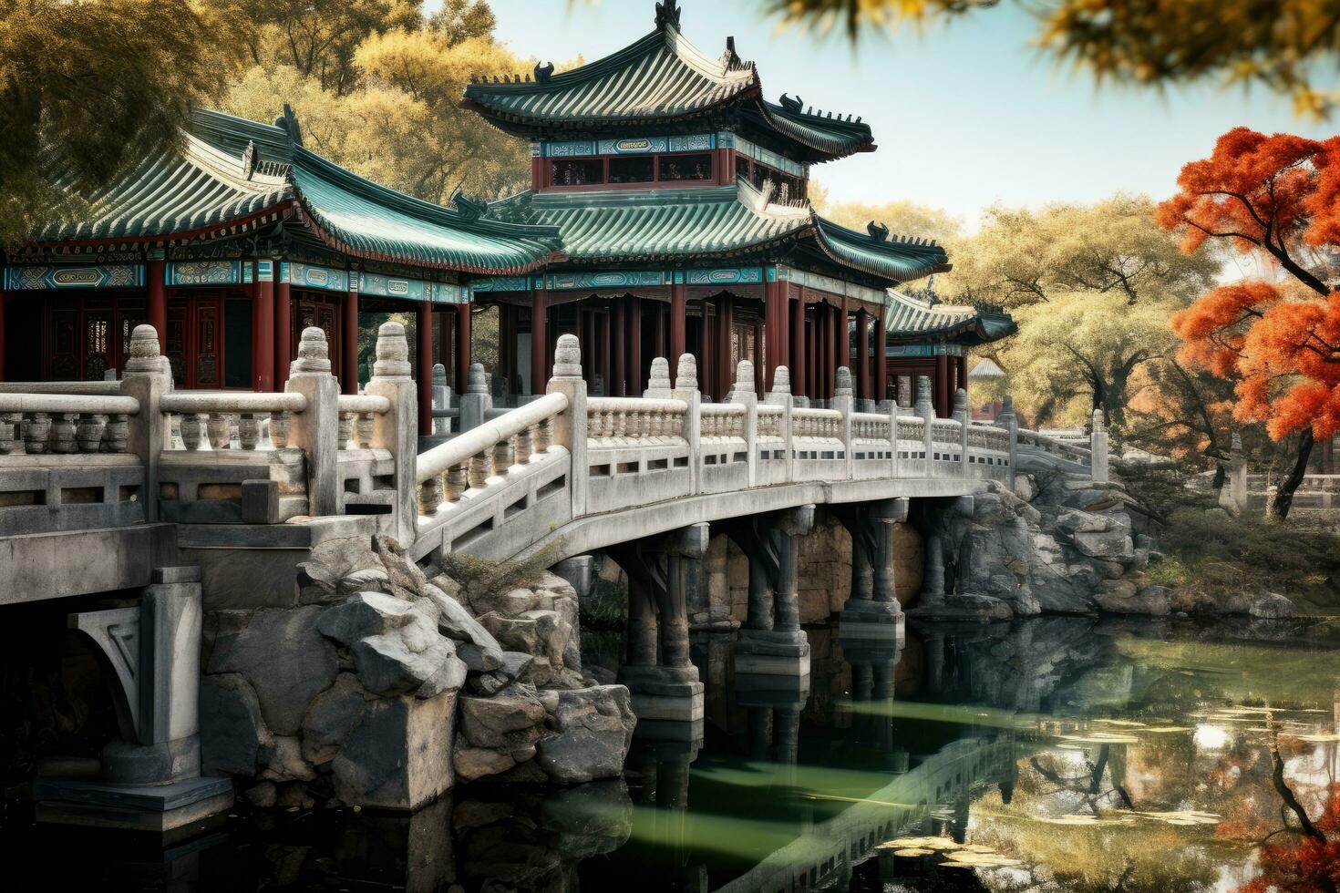 ai generado pabellón y puente en chino jardín, Beijing, porcelana, imperial verano palacio en Beijing, porcelana, ai generado foto