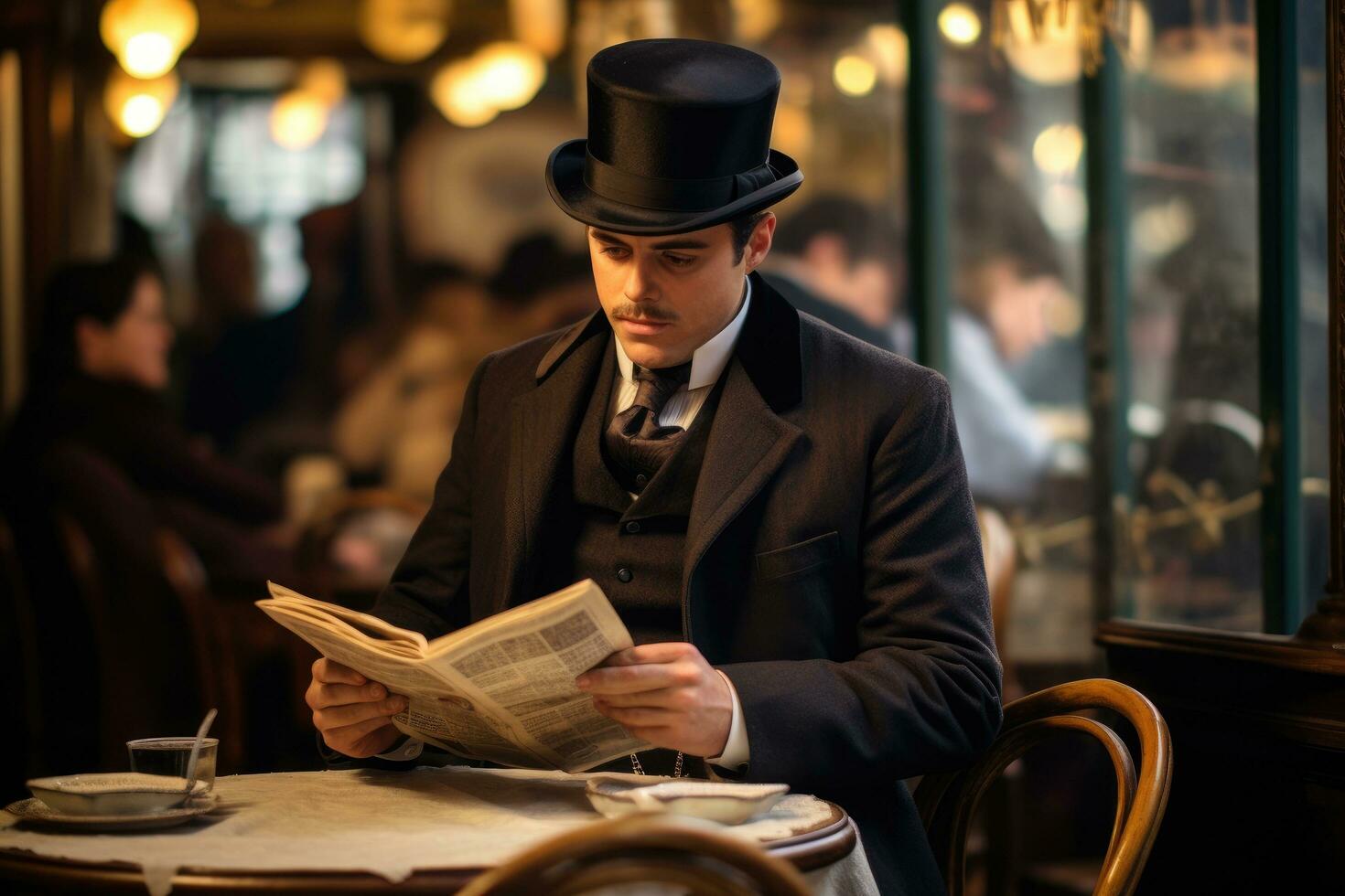 AI generated Elegant man reading a newspaper in a Parisian cafe, A dashing gentleman in800s attire reading, AI Generated photo