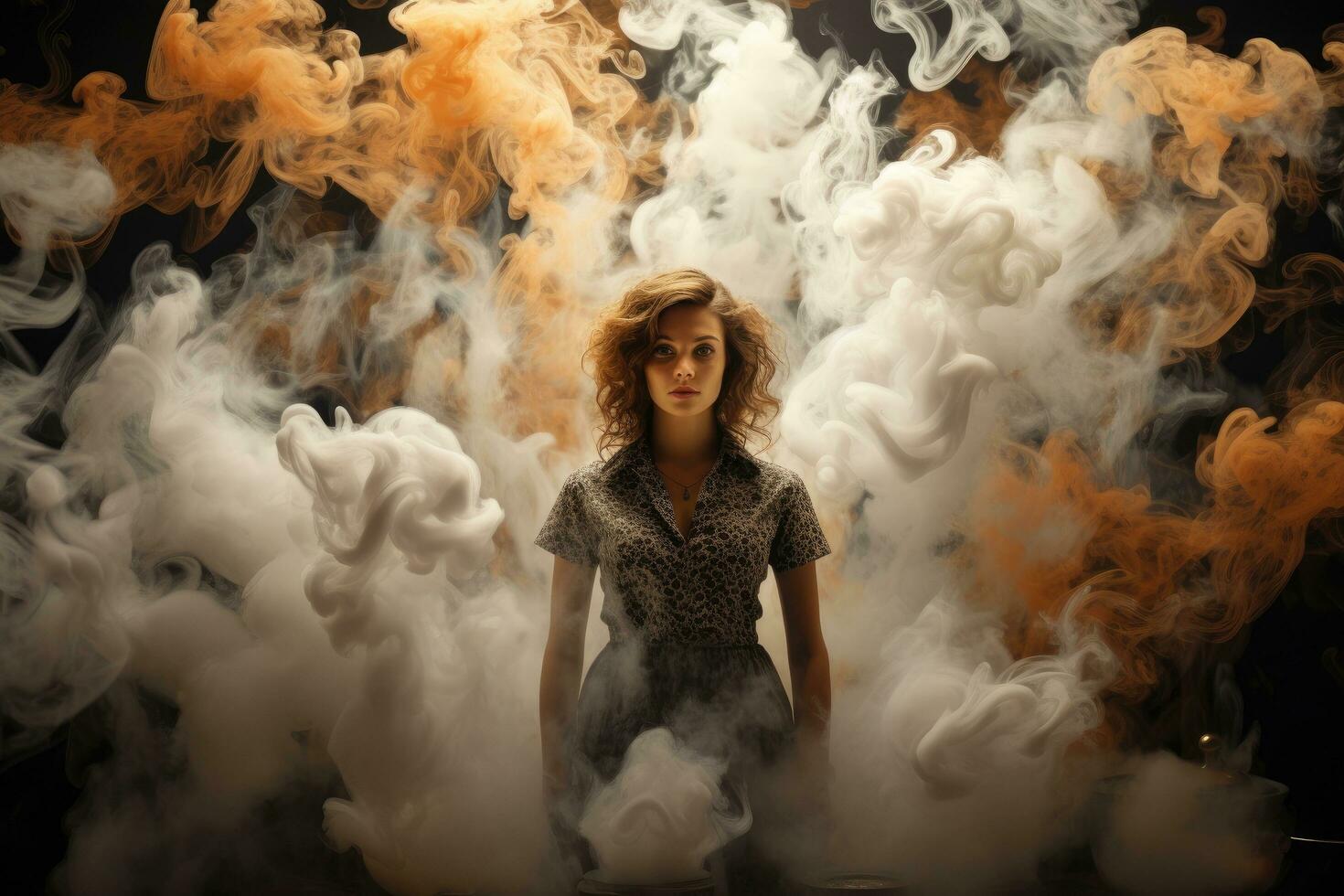 AI generated Portrait of a beautiful young woman with long wavy hair in smoke, Present a large amount of smoke with various options available in various graphic settings, AI Generated photo