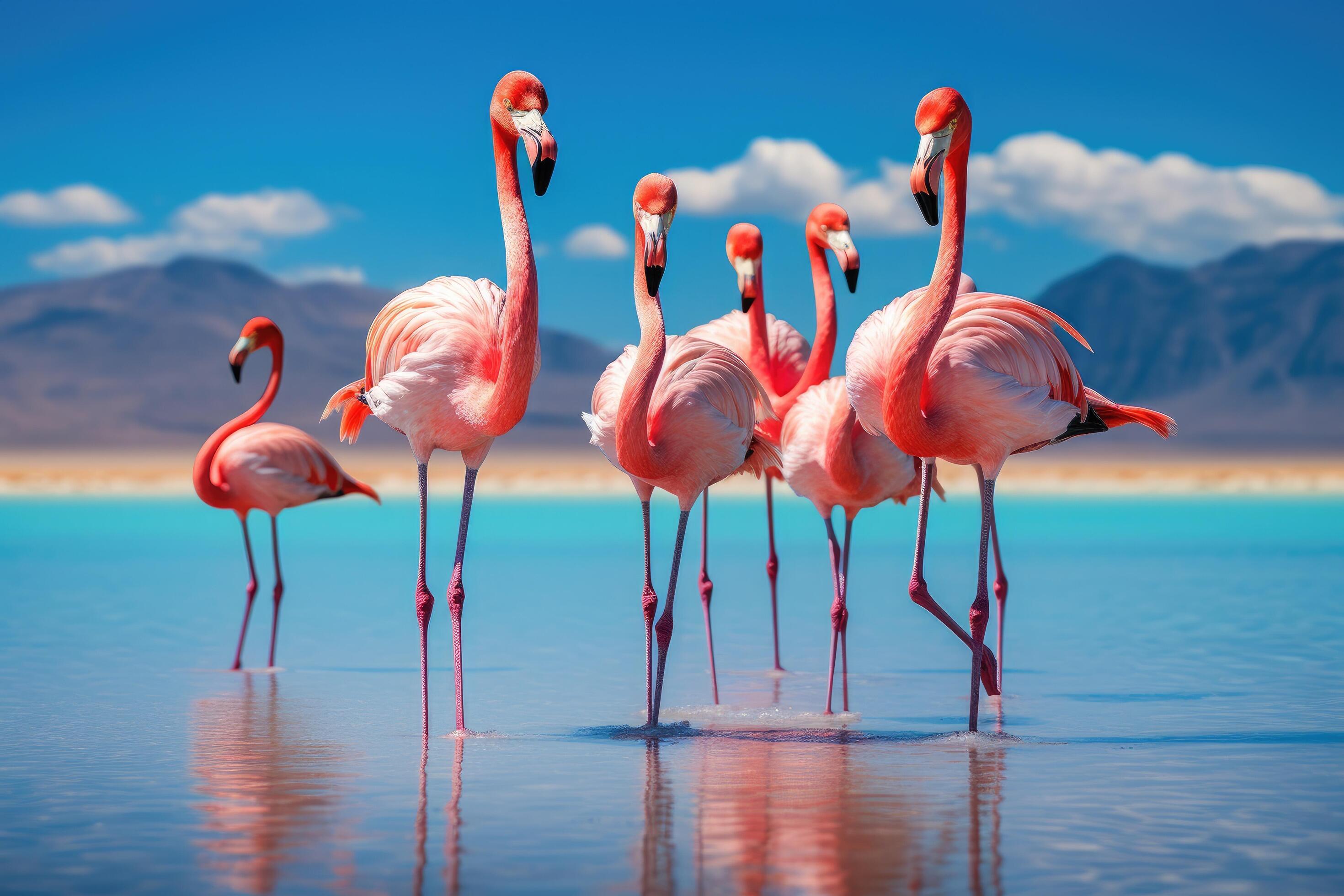 AI generated Flamingos at Salar de Uyuni, Bolivia, Group of pink
