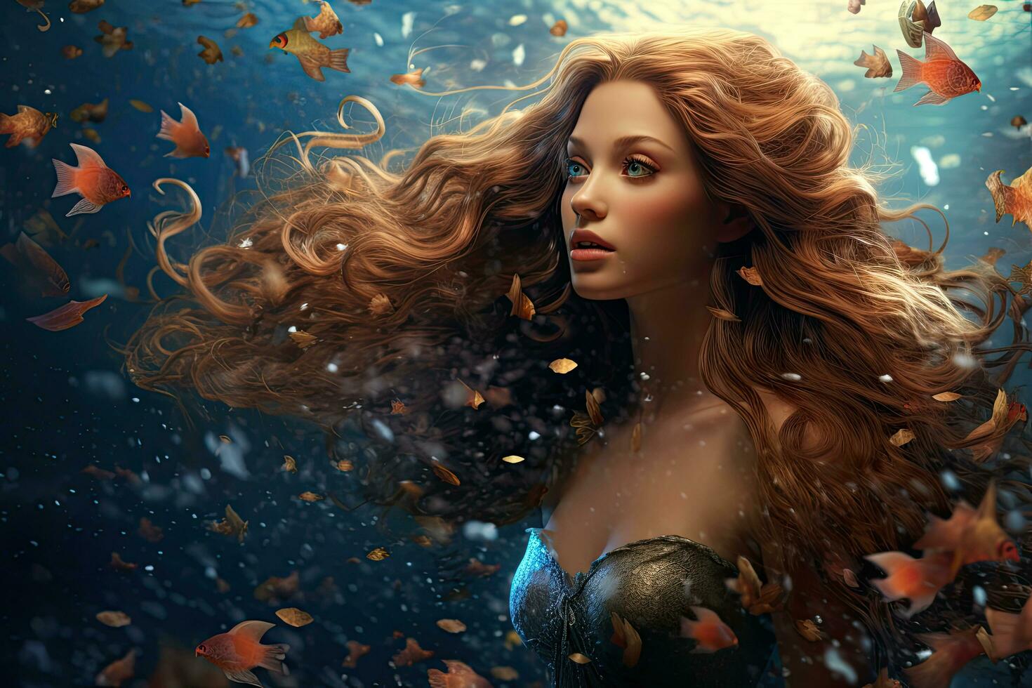 AI generated Beautiful girl with long hair and flying leaves in the water, AI Generated photo