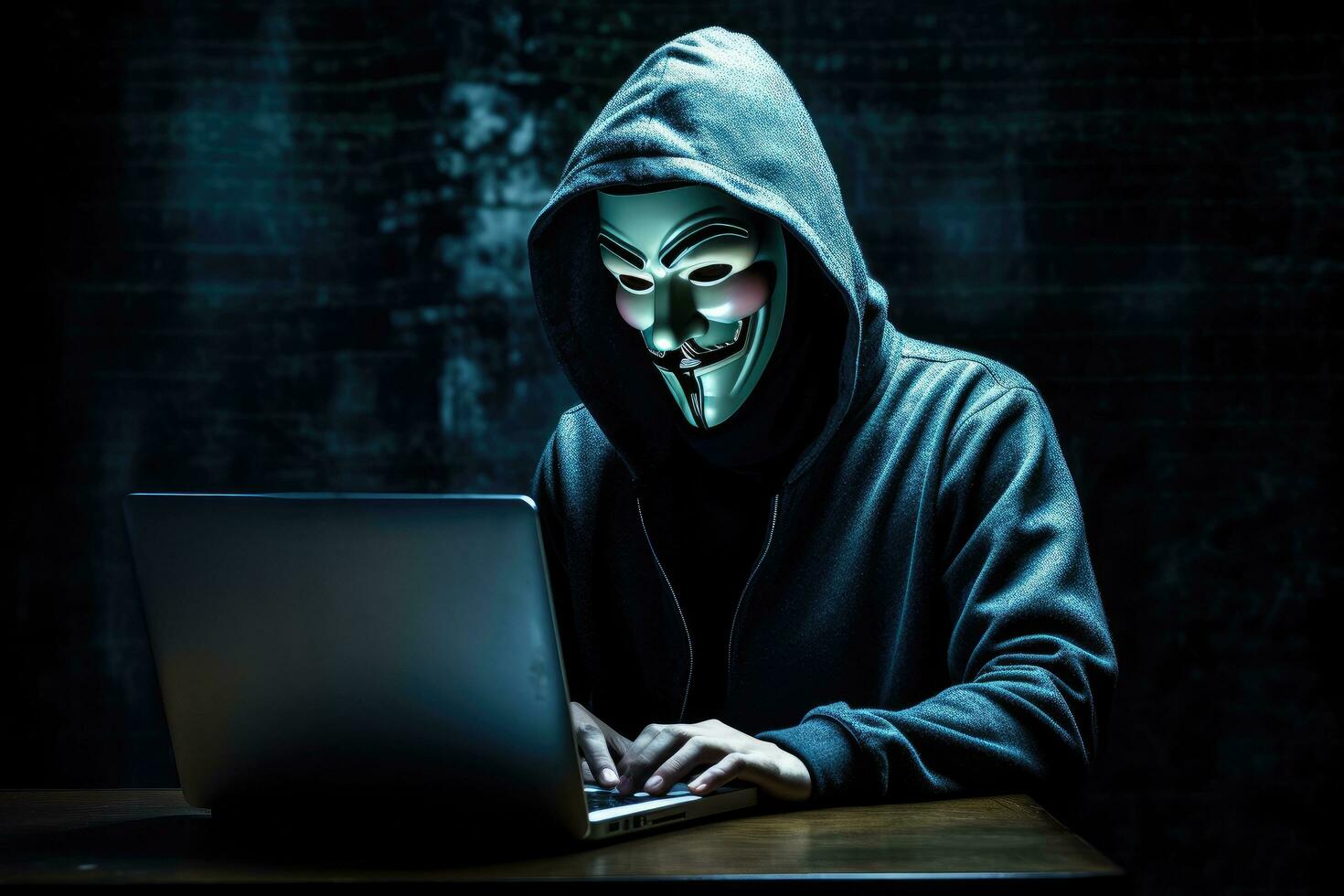 AI generated hacker in a hoodie with a laptop on the background of the city, Anonymous hacker, Concept of cybercrime, AI Generated photo