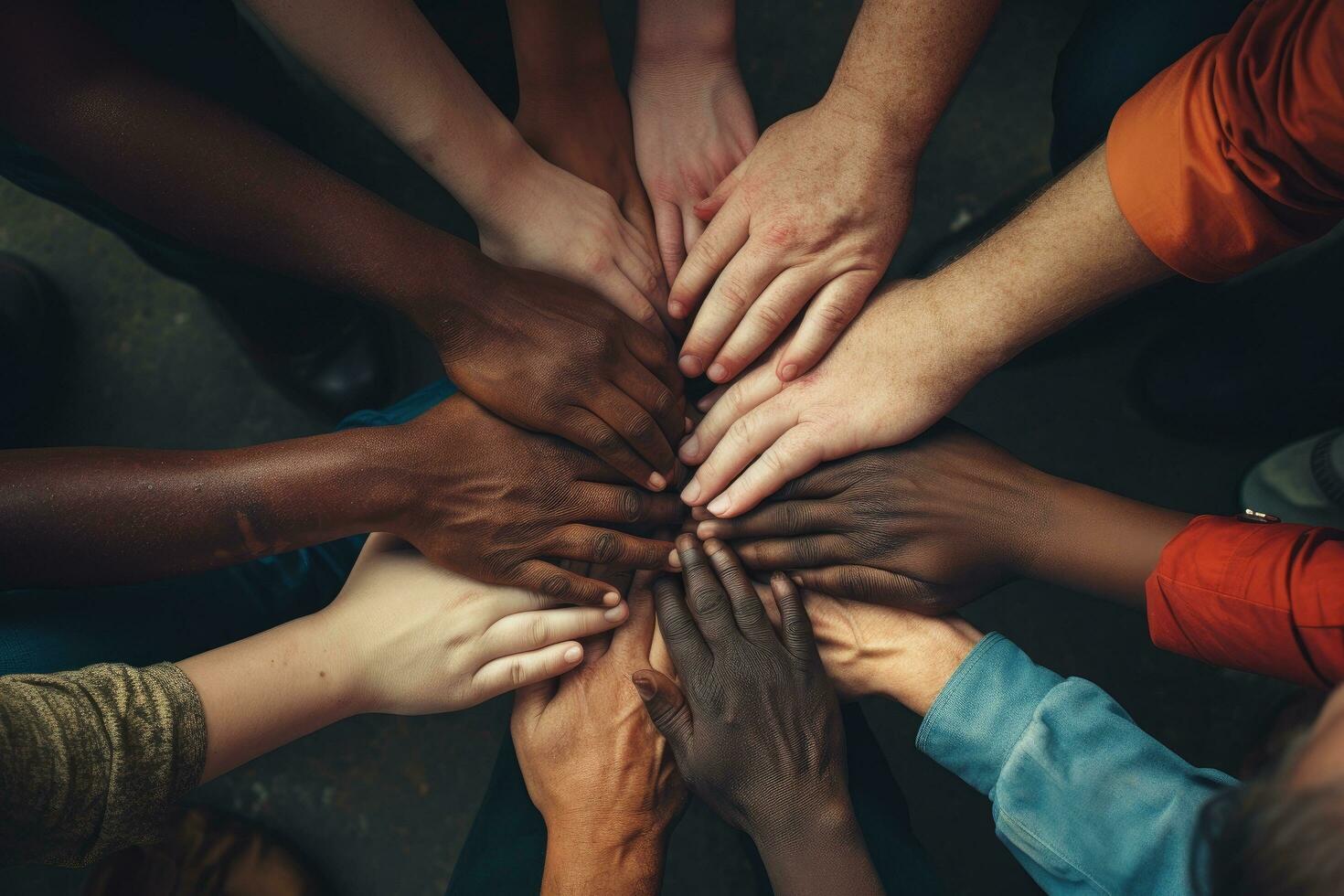 ai generado grupo de diverso personas participación manos juntos en un círculo. unidad concepto, de cerca de diverso personas unión su manos, parte superior vista, ai generado foto