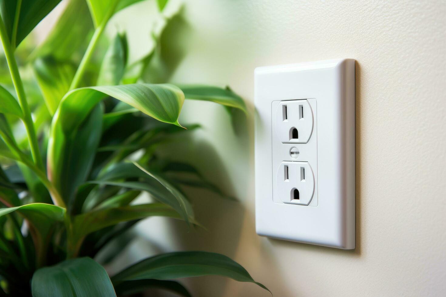 AI generated Electrical outlet on a white wall with green plant in the background, Electrical plug in outlet socket at home, AI Generated photo