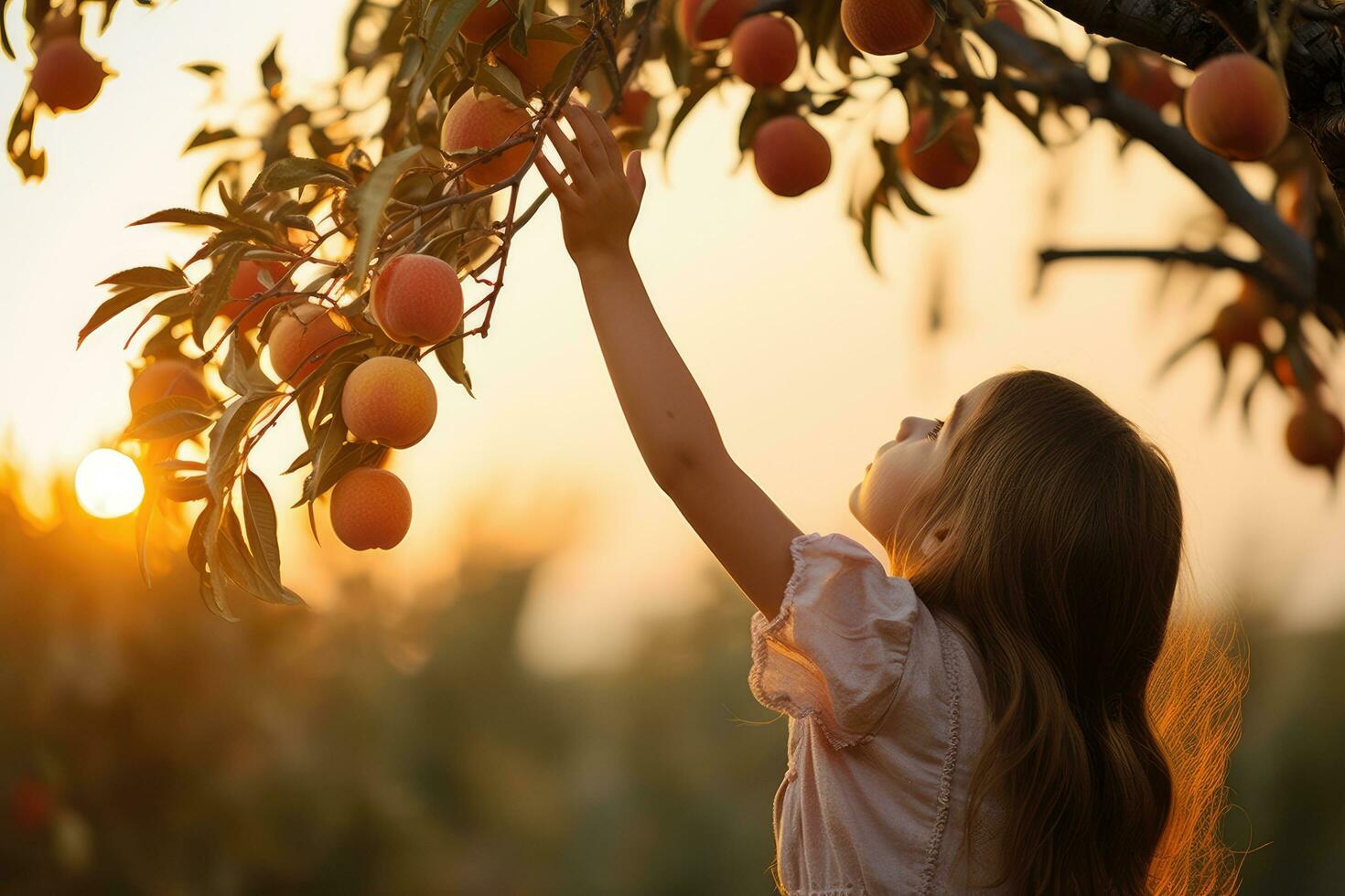 AI generated Cute little girl picking ripe persimmon in orchard at sunset, A child reaching for an organic peach on a tree, AI Generated photo