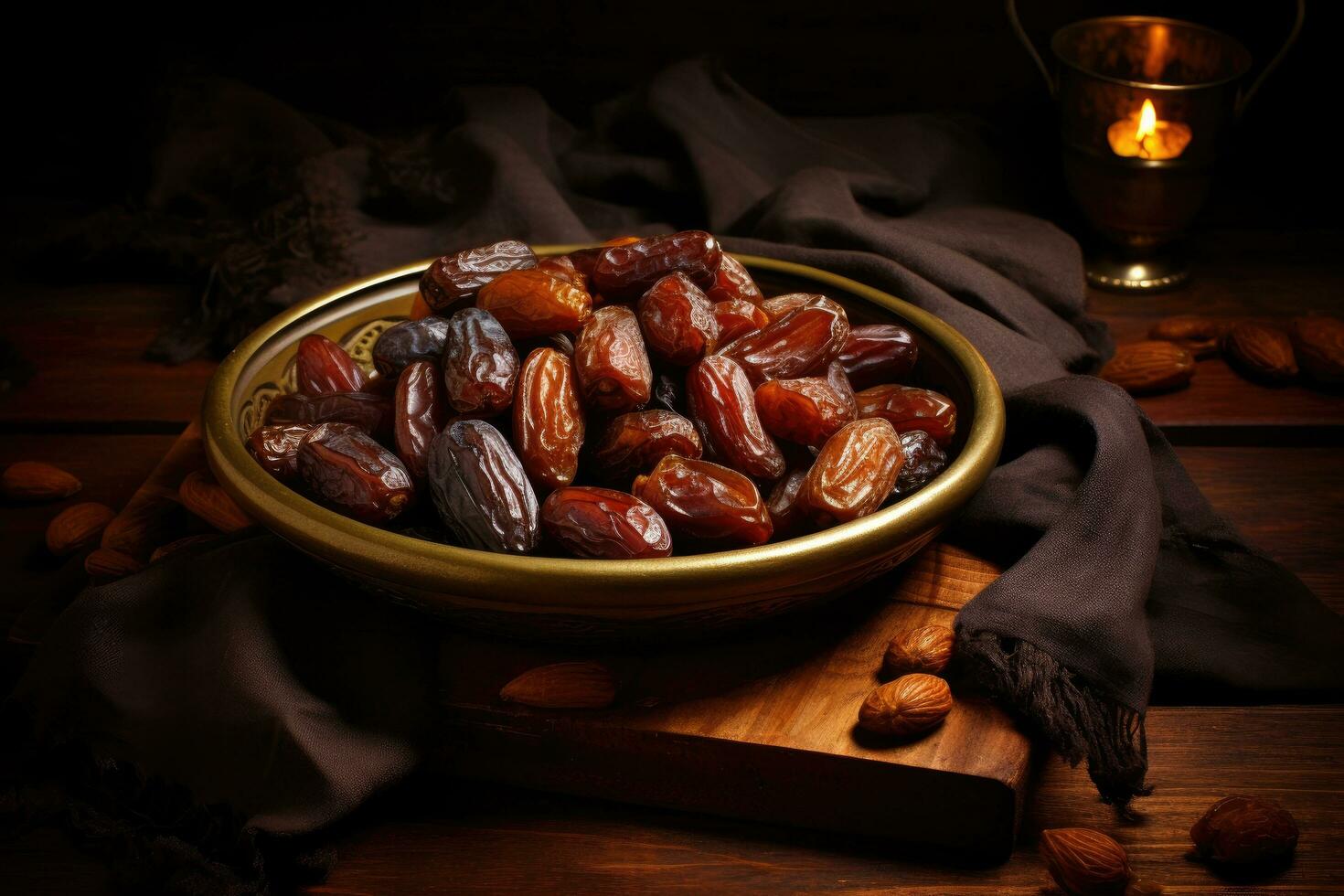 AI generated Dates in a bowl on a wooden background. Selective focus, Dried date palm fruits or kurma, ramadan, AI Generated photo