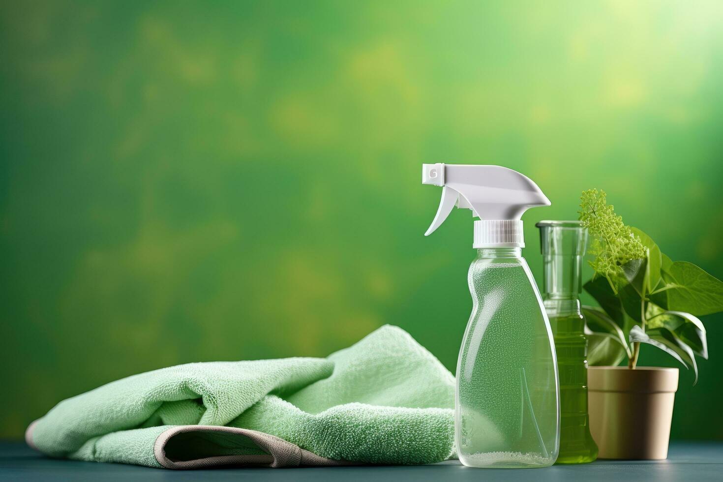 AI generated Cleaning products on a green background. Cleaning service concept, Eco friendly cleaning tools microfiber cloths spray bottle with water Green background, AI Generated photo