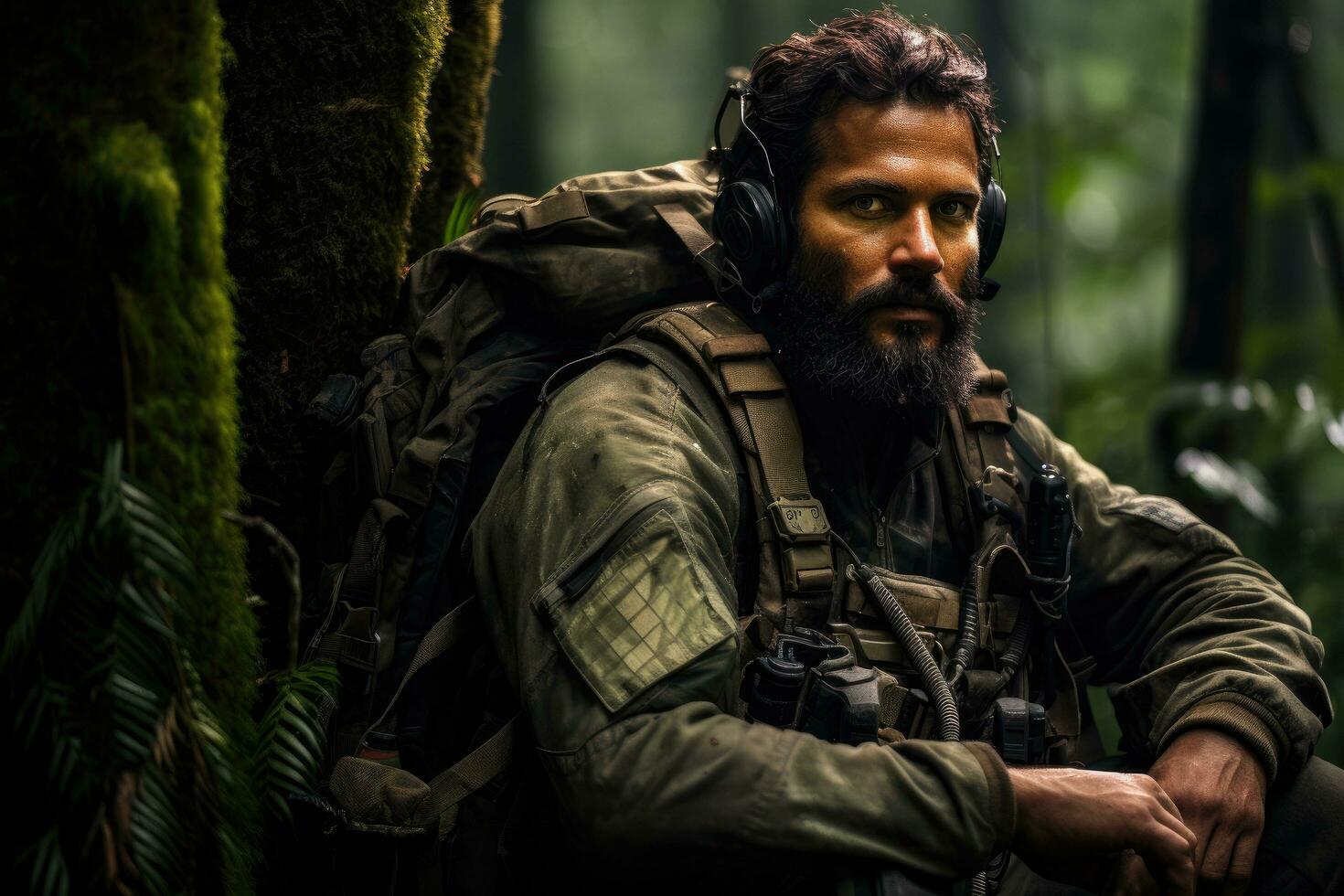 AI generated Portrait of a bearded man with a backpack in the jungle, AI Generated photo