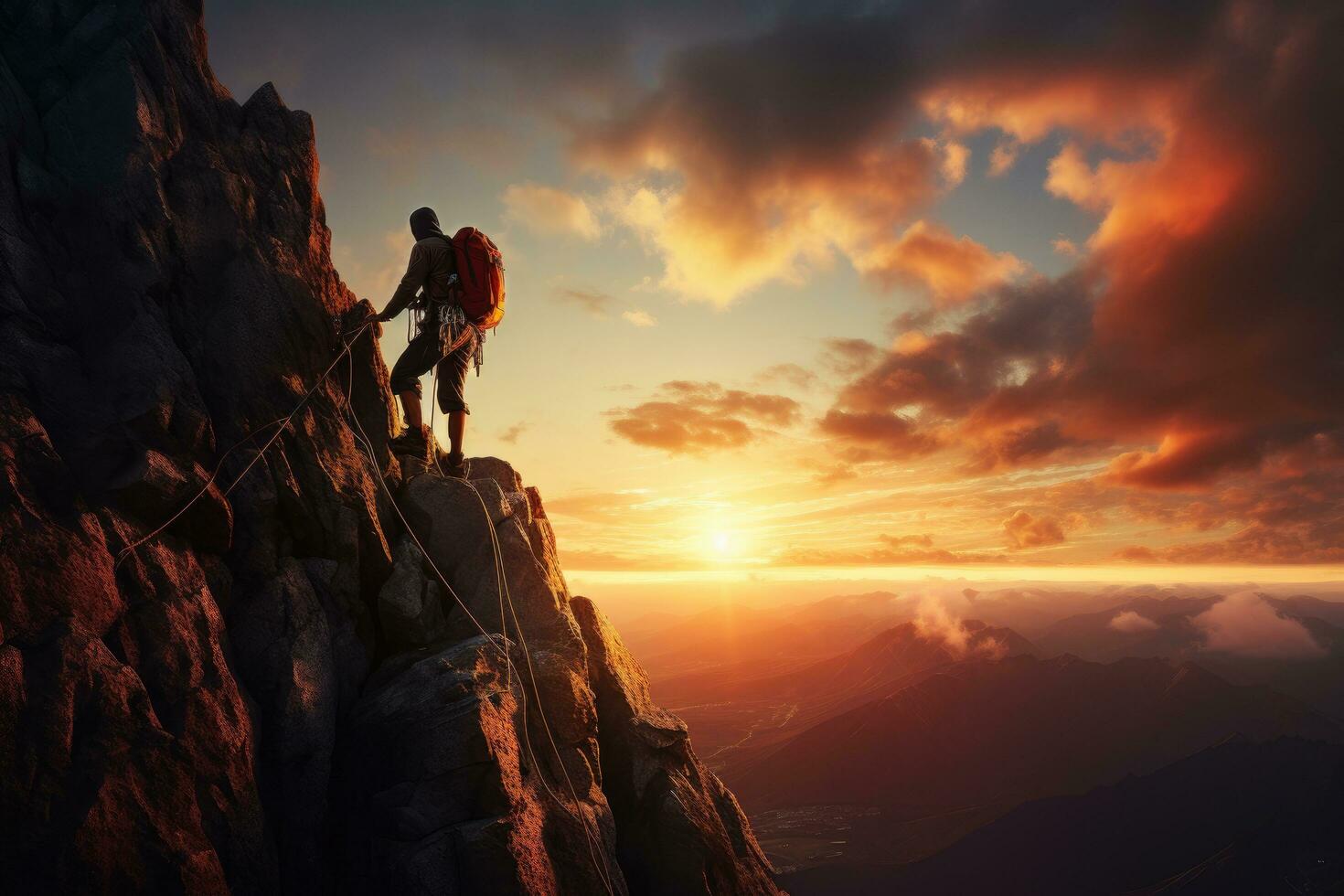 AI generated Silhouette of a rock climber on the background of the sunset, climber on sunset, AI Generated photo