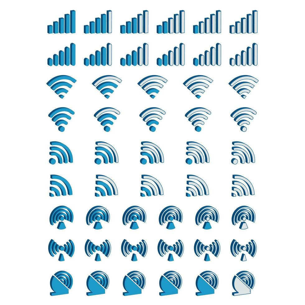 Wireless and Network 3D vector line icon set. Contains linear outline icons like Connection, Signal, Internet, Phone, Radio, Computer, Wifi, Communication, Antenna. Editable use and stroke. Blue Color