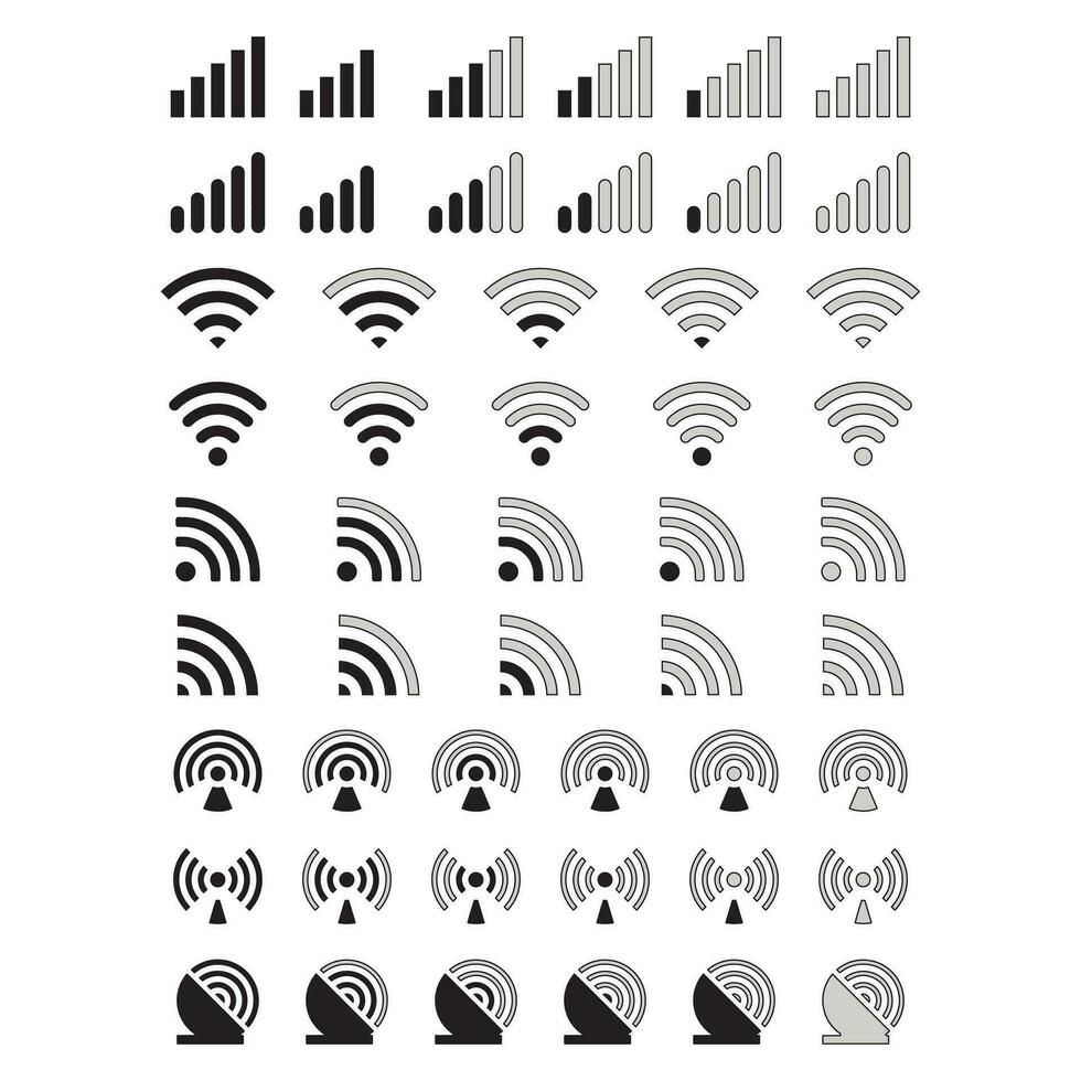 Wireless and Network vector line icon set. Contains linear outline icons like Connection, Signal, Internet, Phone, Radio, Computer, Wifi, Communication, Antenna. Editable use and stroke.