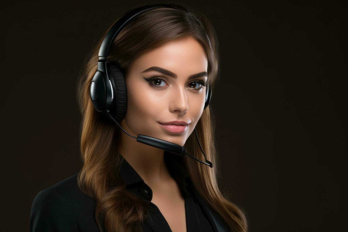 ai generado retrato de hermosa cliente apoyo teléfono operador en auriculares en oscuro fondo, diligente hembra llamada centrar agente, enfocado y dedicado, ai generado foto