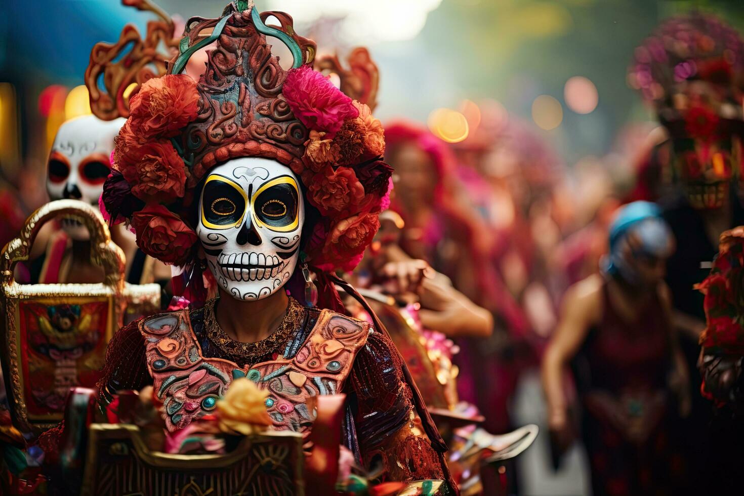 ai generado no identificado partícipe en un carnaval de el día de el muerto en Oaxaca, México. el día de el muerto es uno de el más popular Días festivos en México, ai generado foto