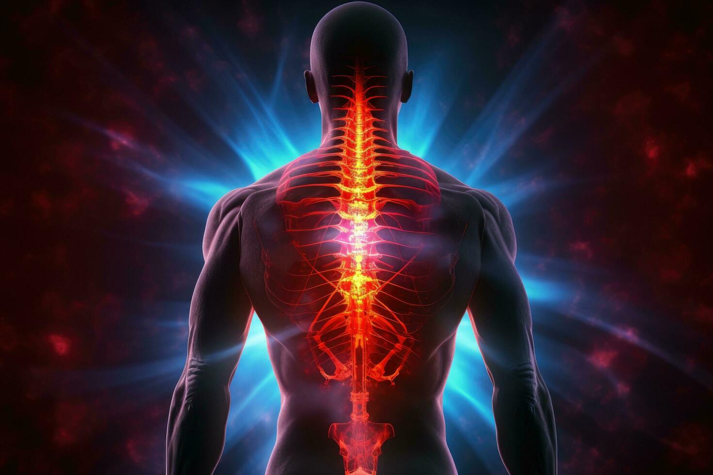 ai generado humano cuerpo con destacado espina en radiografía, 3d ilustración, destacado inferior espalda dolor mostrado con un rojo holográfico columna vertebral, ai generado foto