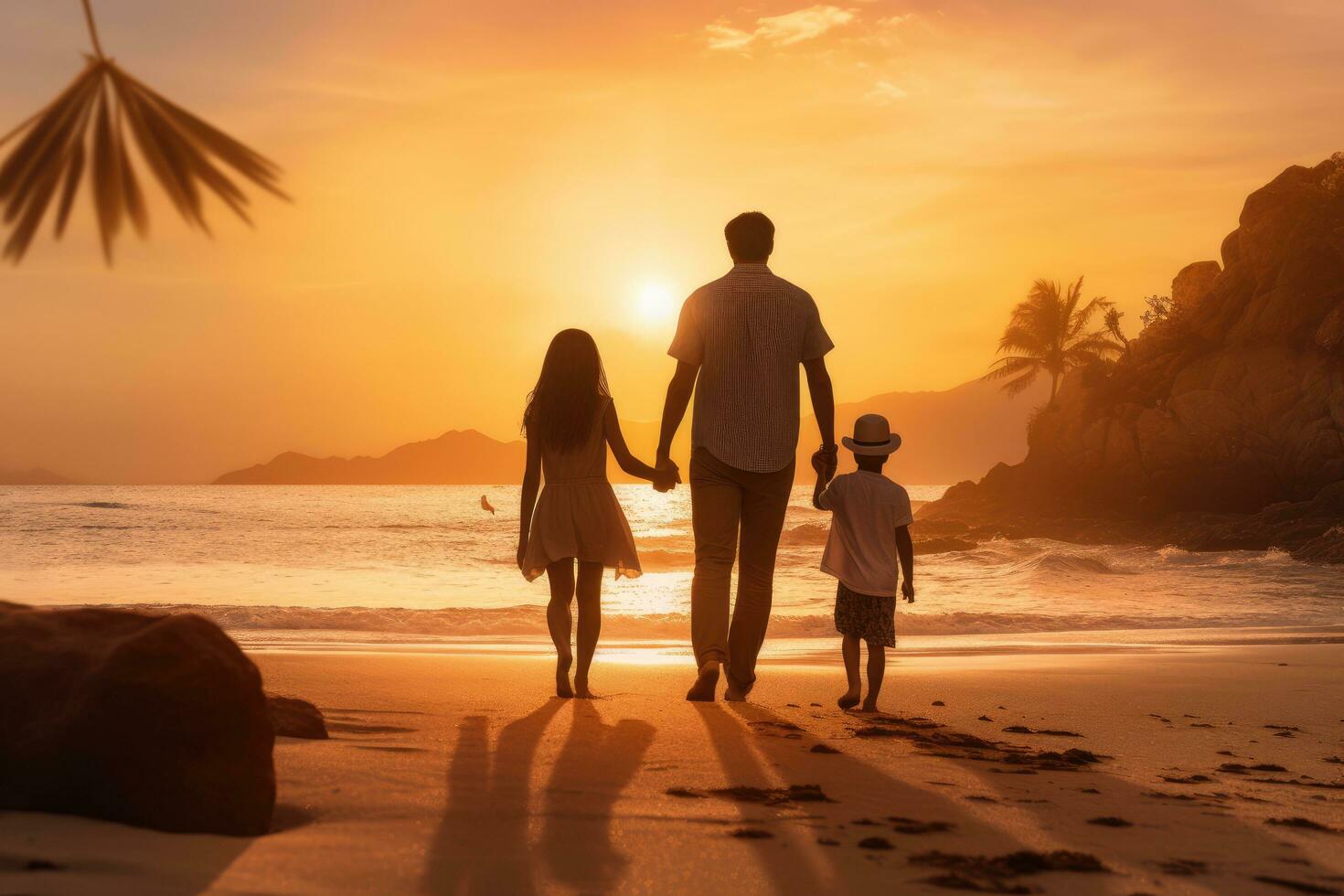 Silhouette of happy family on the beach at beautiful sunset background, Rear view of a happy family walking hand in hand down a paradise beach during sunset, AI Generated photo