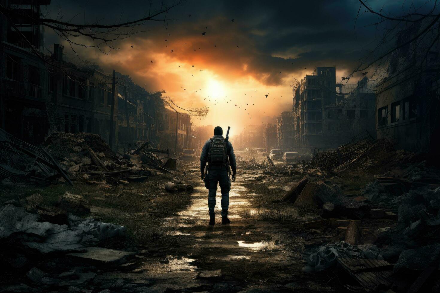 AI generated Silhouette of soldier standing in the middle of a destroyed building, Lone soldier walking in a destroyed city, AI Generated photo