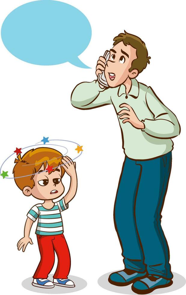 father talking on the phone and patient son vector