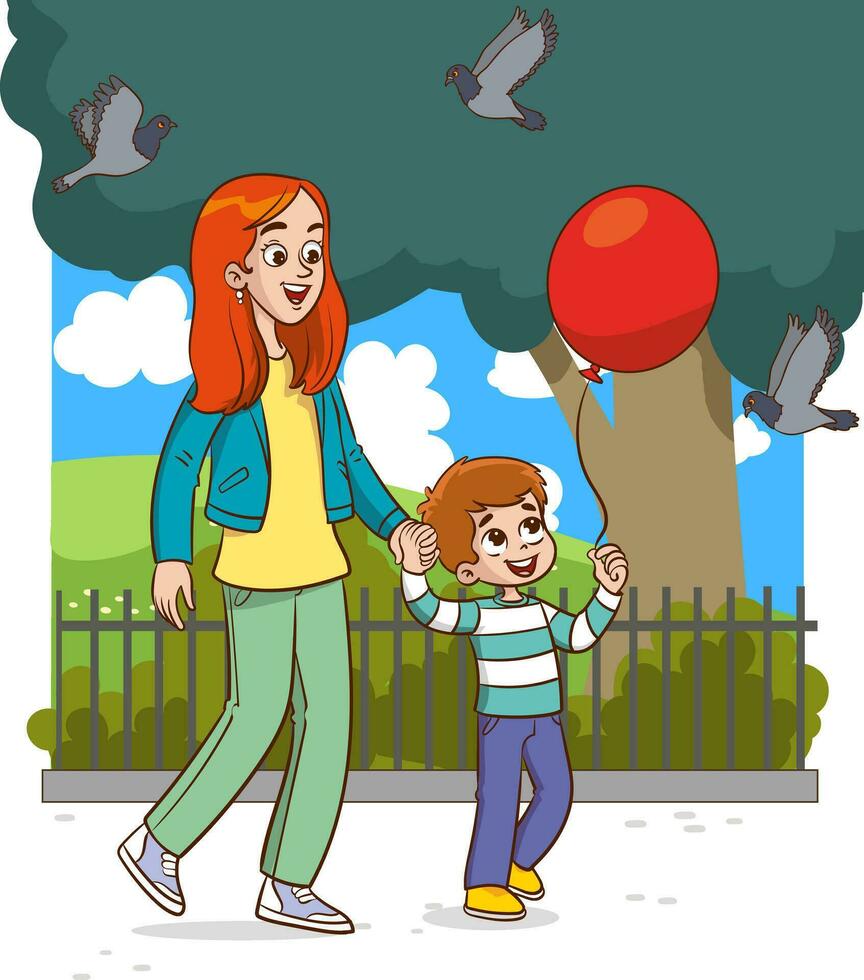 vector illustration of mother and child traveling.mother and child spending time together