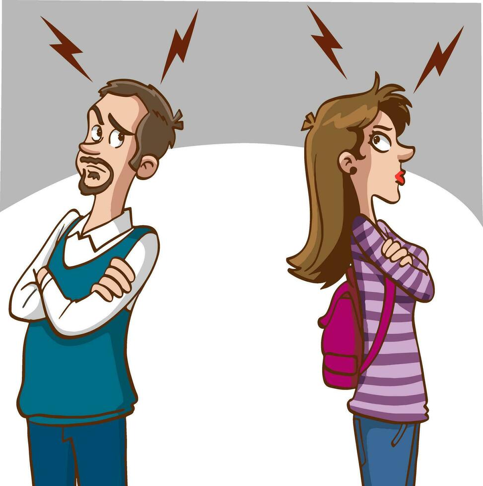 Concept of divorce, misunderstanding in family. Angry man and offended woman standing separately from each other. Relationship break up, crisis. Vector illustration in flat cartoon style.