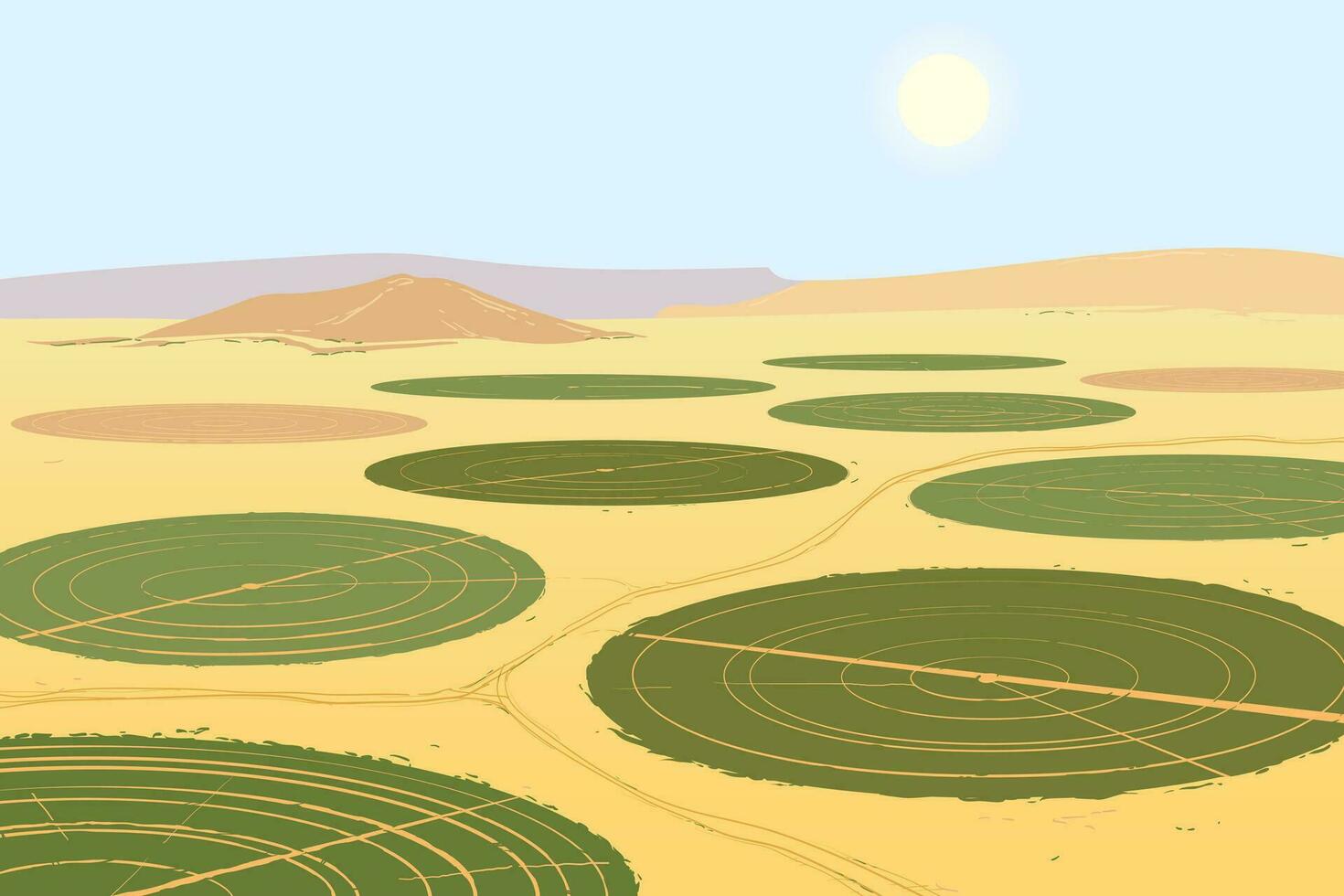 An aerial view of the round fields in the desert vector