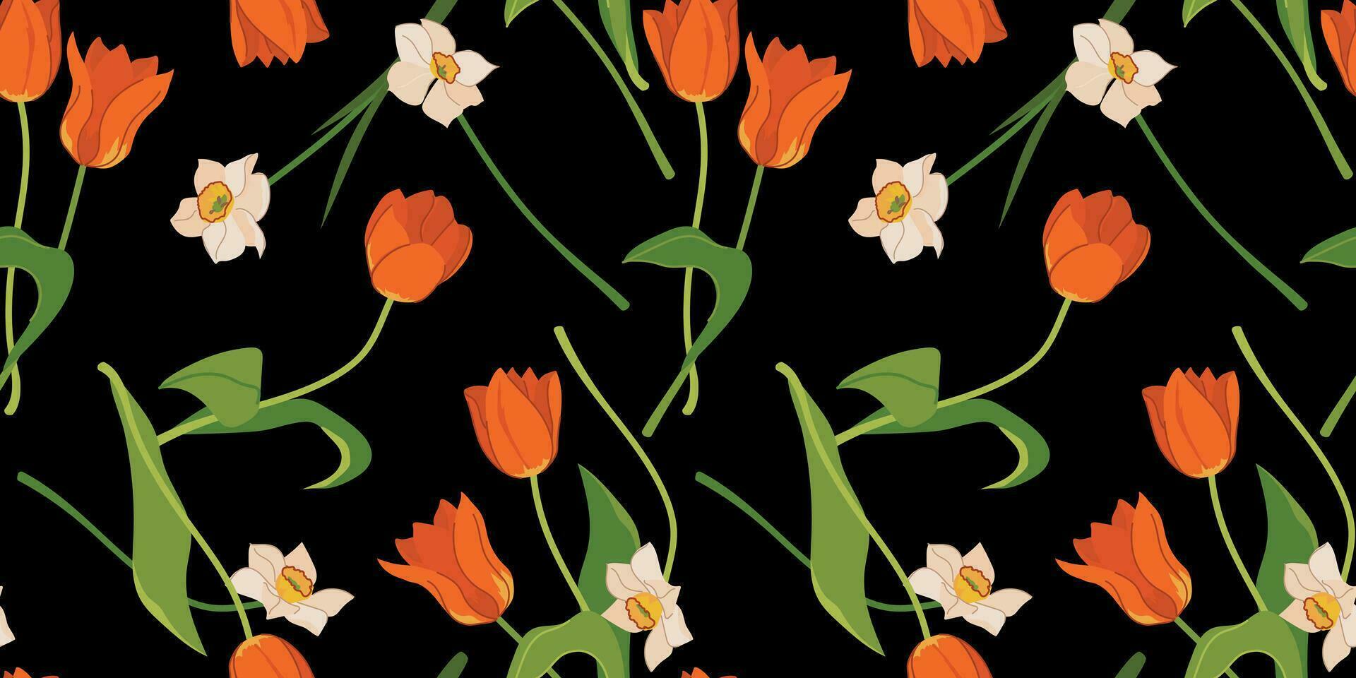 Seamless pattern with tulips and daffodils. Vector spring flowers on a black background. Illustration for printing on fabric, wallpaper, wrapping paper. Flat style.