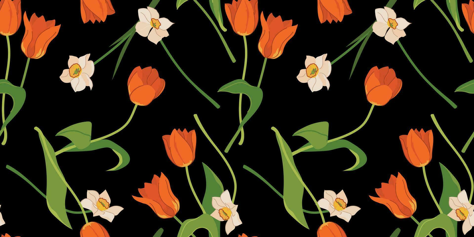 Seamless pattern with tulips and daffodils. Vector spring flowers on a black background. Illustration for printing on fabric, wallpaper, wrapping paper. Flat style.