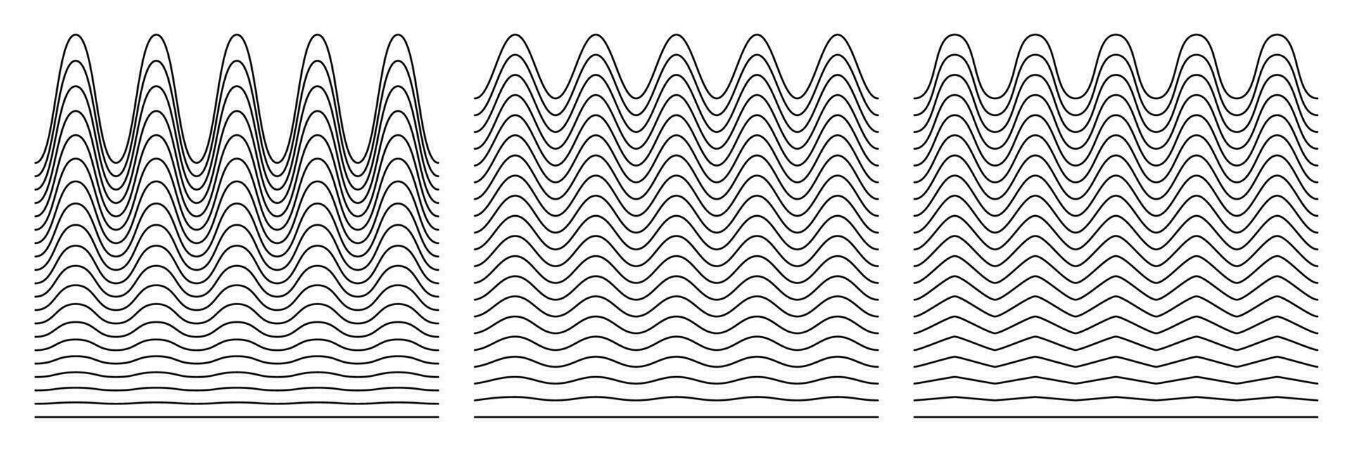 un colección de ondulado zigzag horizontal ondulante líneas, sin costura fronteras, y suave y angular gráfico diseño elementos conjunto en un blanco antecedentes. vector