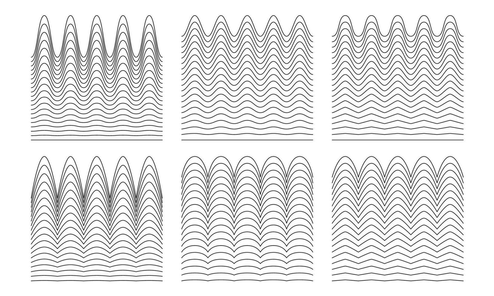 A collection of wavy zigzag horizontal wiggly lines, seamless borders, and smooth and angular graphic design elements set on a white background. vector