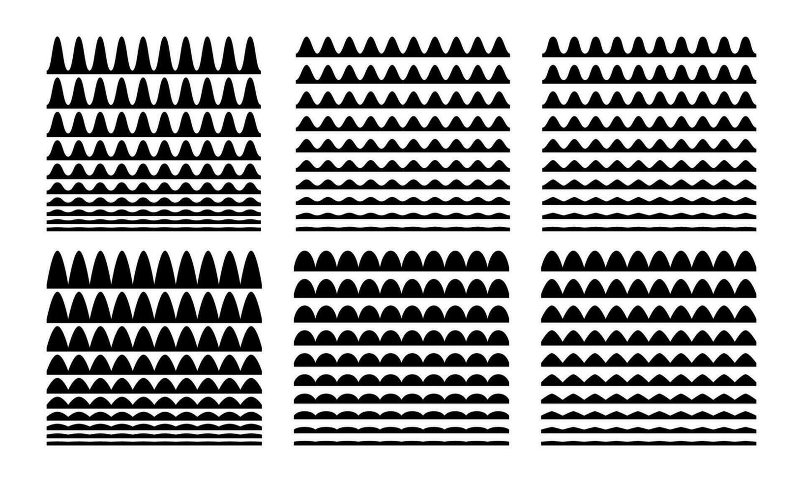 un colección de ondulado zigzag horizontal ondulante líneas, sin costura fronteras, y suave y angular gráfico diseño elementos conjunto en un blanco antecedentes. vector