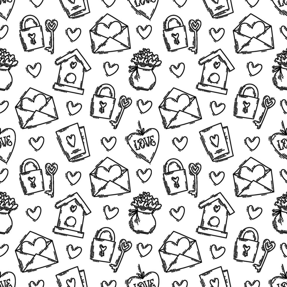 The love theme doodle style seamless pattern in black and white, Valentines Day hand-drawn icons with a simple engraving retro effect. Romantic mood, cute symbols and elements backgrounds collection. vector