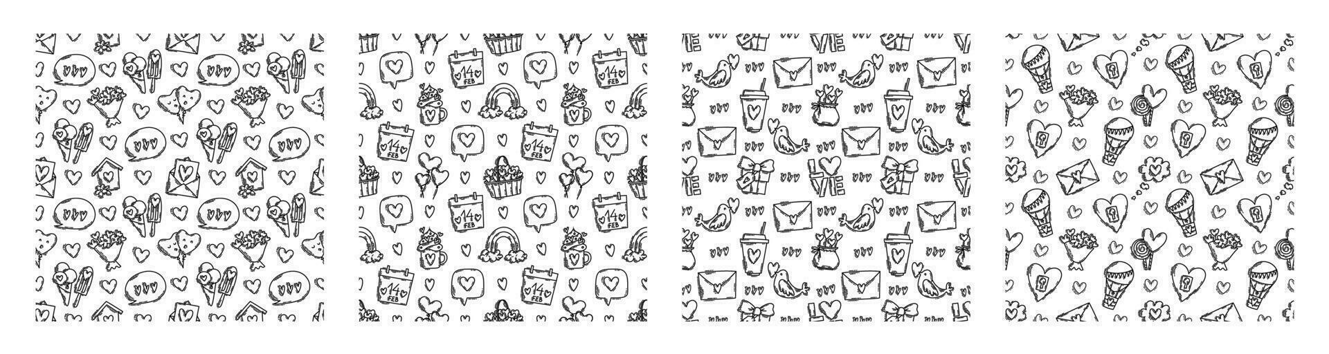 The love theme doodle style seamless pattern in black and white, Valentines Day hand-drawn icons with a simple engraving retro effect. Romantic mood, cute symbols and elements backgrounds collection. vector