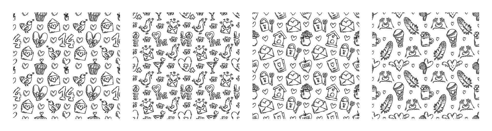 The love theme doodle style seamless pattern in black and white, Valentines Day hand-drawn icons with a simple engraving retro effect. Romantic mood, cute symbols and elements backgrounds collection. vector