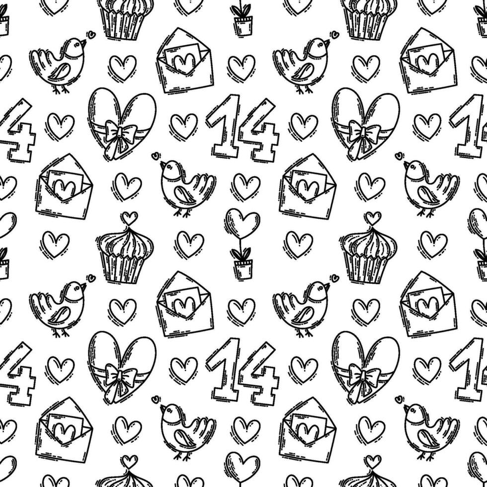 The love theme doodle style seamless pattern in black and white, Valentines Day hand-drawn icons with a simple engraving retro effect. Romantic mood, cute symbols and elements backgrounds collection. vector