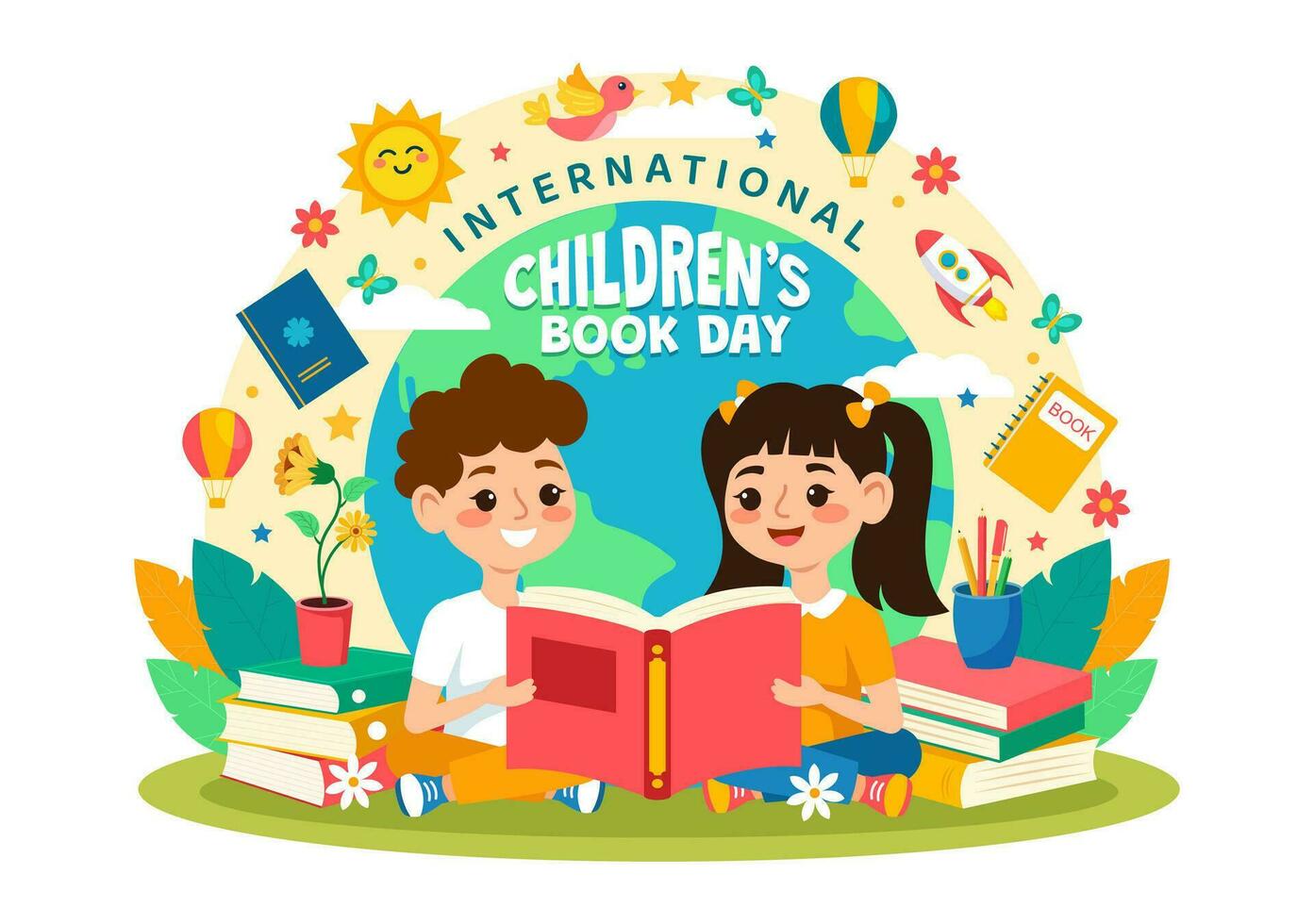 internacional para niños libro día vector ilustración en 2 abril con niños leyendo un libros y globo mapa en plano dibujos animados antecedentes diseño